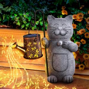 Gifts for Women, Solar Garden Cat Decor Outdoor Statues with Kettle Light, Anniversary Birthday Gardening Gifts for Women Mom Her Grandma, Cat Lovers House Warming Gift New Home, Garden Home Decor