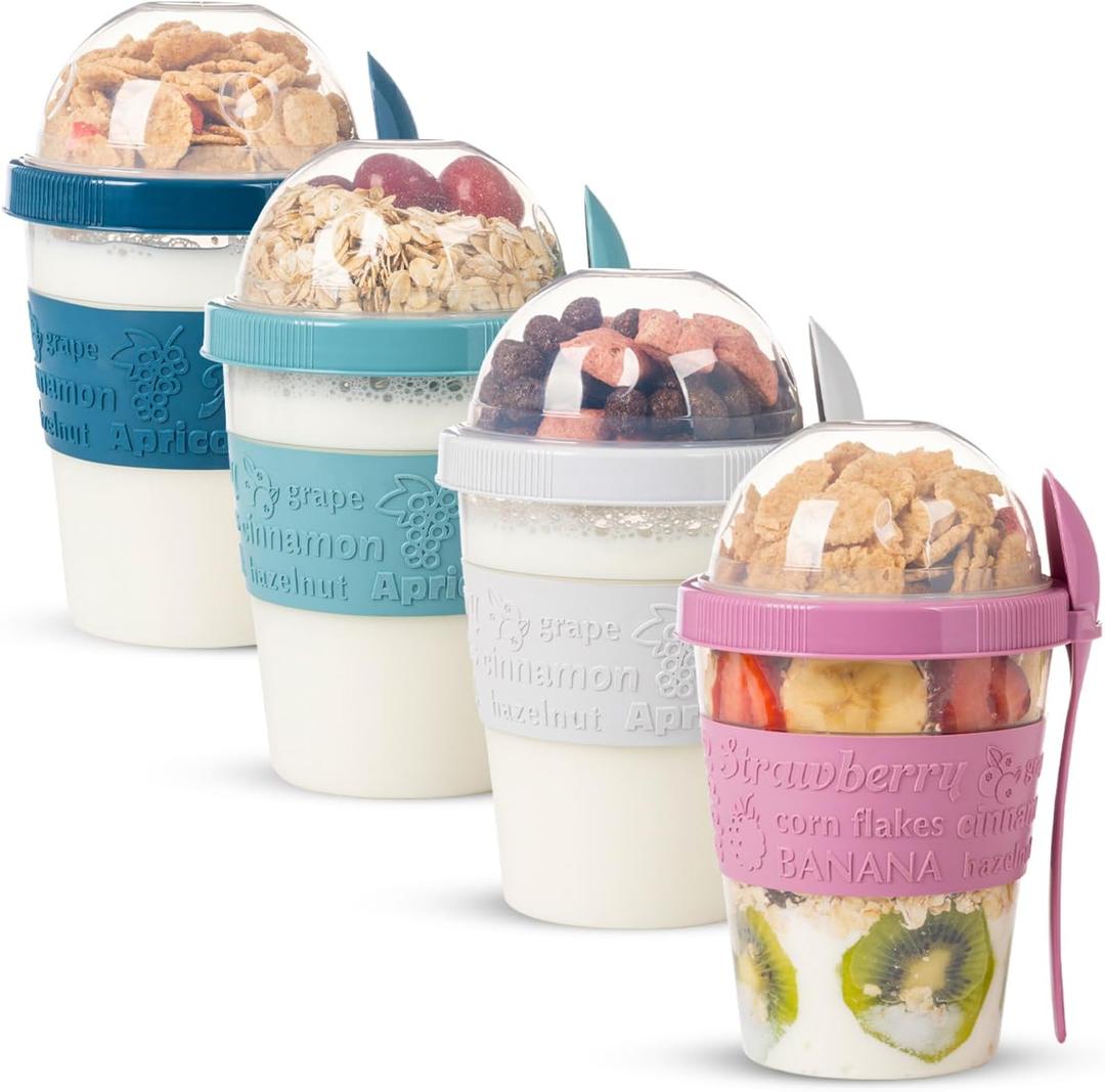 4 Pack Reusable On The Go Yogurt Parfait Cups, Breakfast Plastic Containers with Lids and Spoons, Perfect Jars for Overnight Oats Cereal Granola Oatmeal Smoothies and Snack Prep (4 Colors Set)