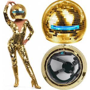 Sabary 11.81 Inch Disco Ball Helmet Adult Gold Glitter Glass Hat Novelty Punk Disco Ball Costume Cosplay for Nightclubs Parties Bar Djs Stage