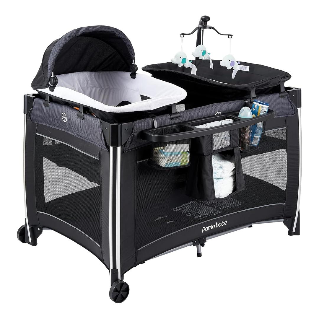 Pamo Babe 4 in 1 Baby Playards with Bassinet & Changing Table, Portable Crib Breathable Mesh and Toy Mobile (Black)