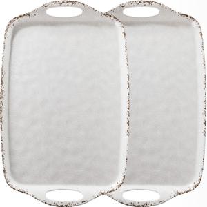 Farmhouse Melamine Serving Tray with Handles, Set of 2, 19"x12" Extra Large Rectangular Turkey Serving Platter, Serving Food Trays for Entertaining, Christmas,Thanksgiving,Party, Ivory