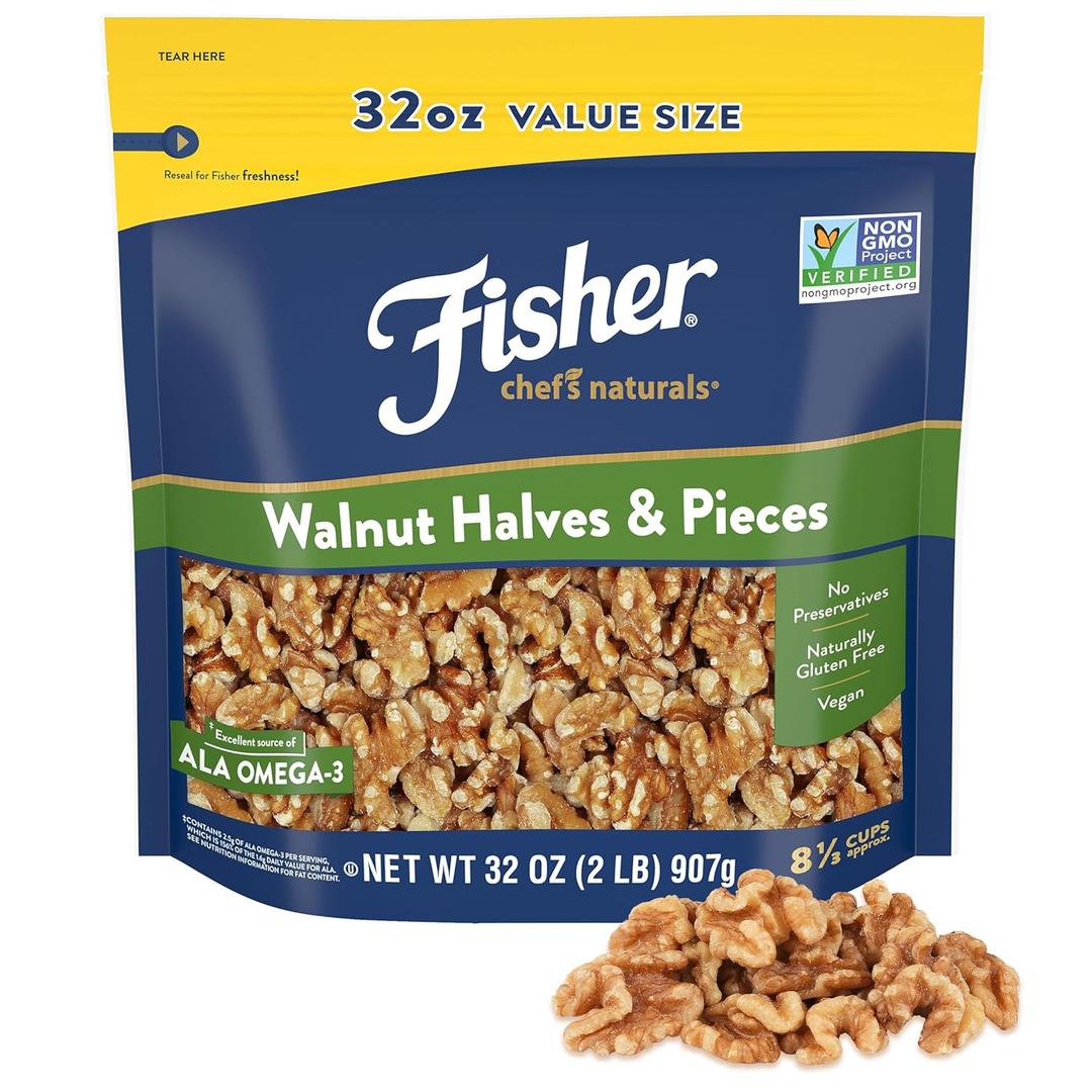 Fisher Chef's Naturals Walnut Halves & Pieces 2 lb, 100% California Unsalted Walnuts for Baking & Cooking, Healthy Snacks for Adults, Resealable Bag, Vegan Protein, Keto Snack, Chopped Nuts, Topping. 07/16/2026