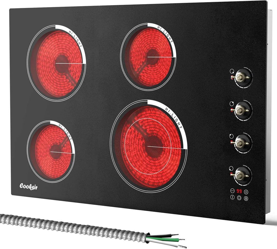 30 Inch Electric Cooktop - 4 Burner Built-in Glass Ceramic Stove Top 6700W, 240V Electric Cooktop Touch and Knob Control, Child Lock, Dual Ring, 99 Mins Timer, 220V Hard Wire (No Plug)