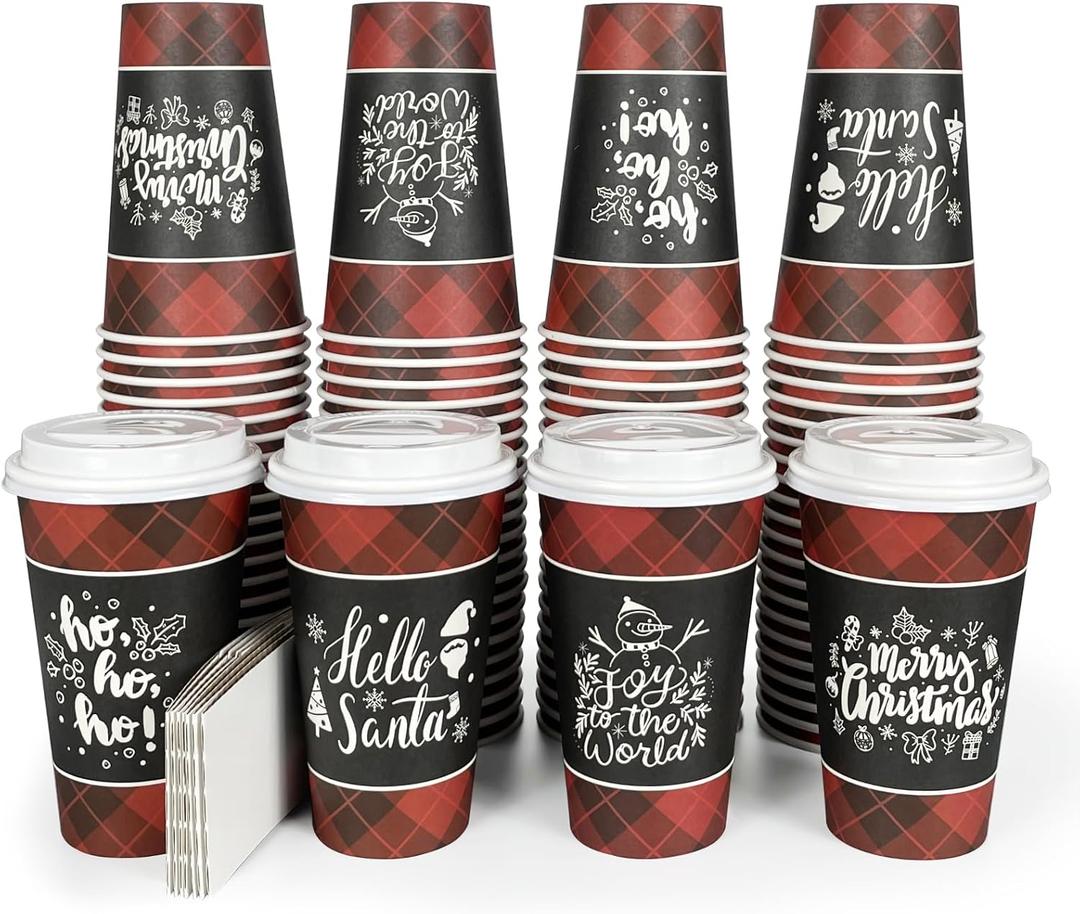 Disposable Coffee Cups with Lids for 100 Guests 16 oz, Christmas Buffalo Plaid Hot Cups for Coffee/Tea/Water/Juice, Xmas Premium Party Tableware Sets for Holiday, Winter, School, Family