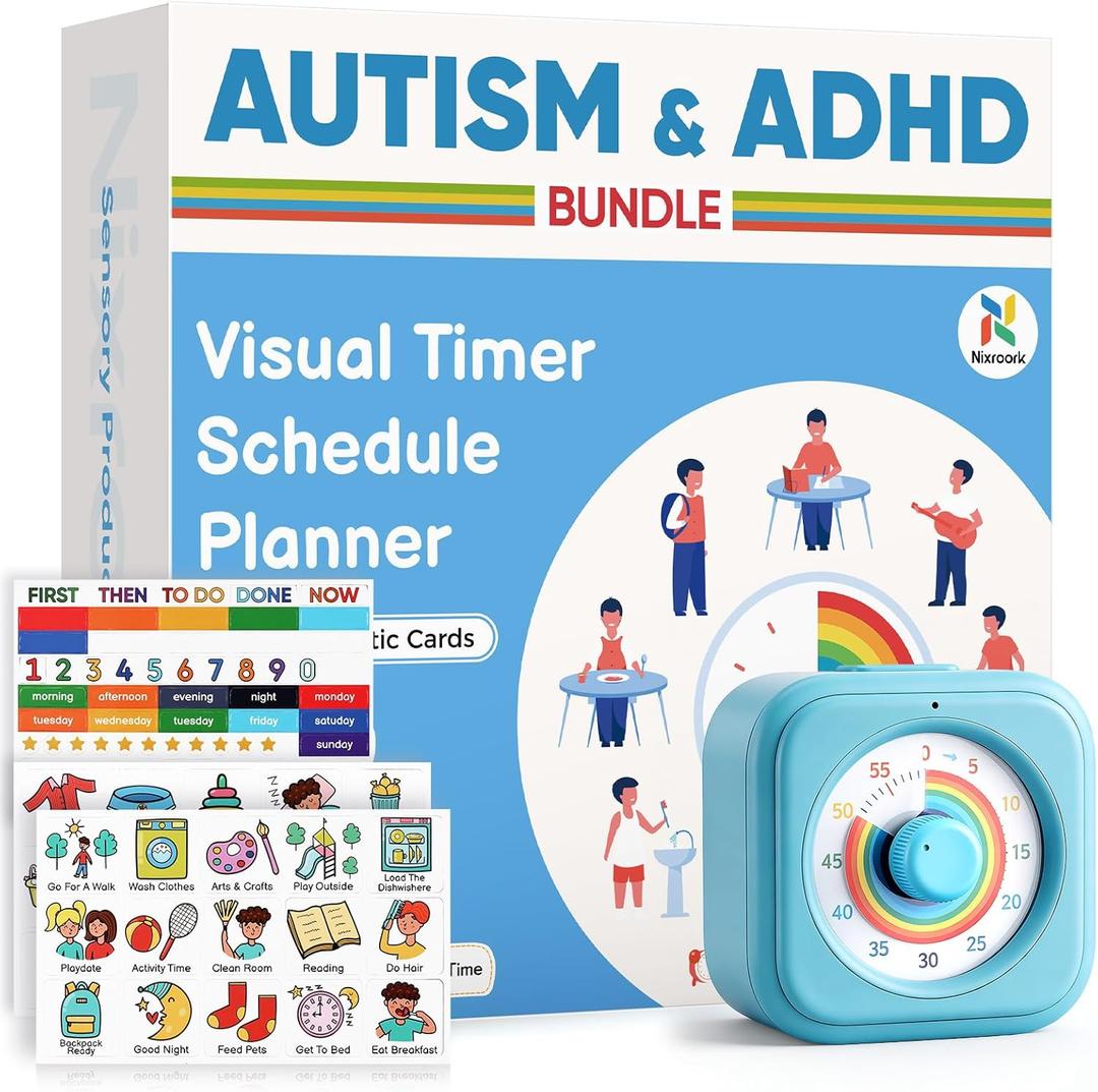 2-in-1 Visual Timer & Magnetic Visual Schedule for Kids, Autism ADHD Time Management Tool with 100+ Routine Chore Chat Magnets, Sensory Learning Materials for Home, Classroom, Special Education (Blue-rainbow)