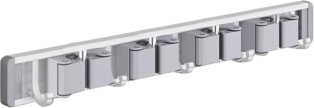 Waterproof Mop Holder Wall-mounted Broom Organizer with 5 Hooks Punch-free Anti-skid Roller Design Strong Load Bearing Bathroom Kitchen Cleaning Silver M