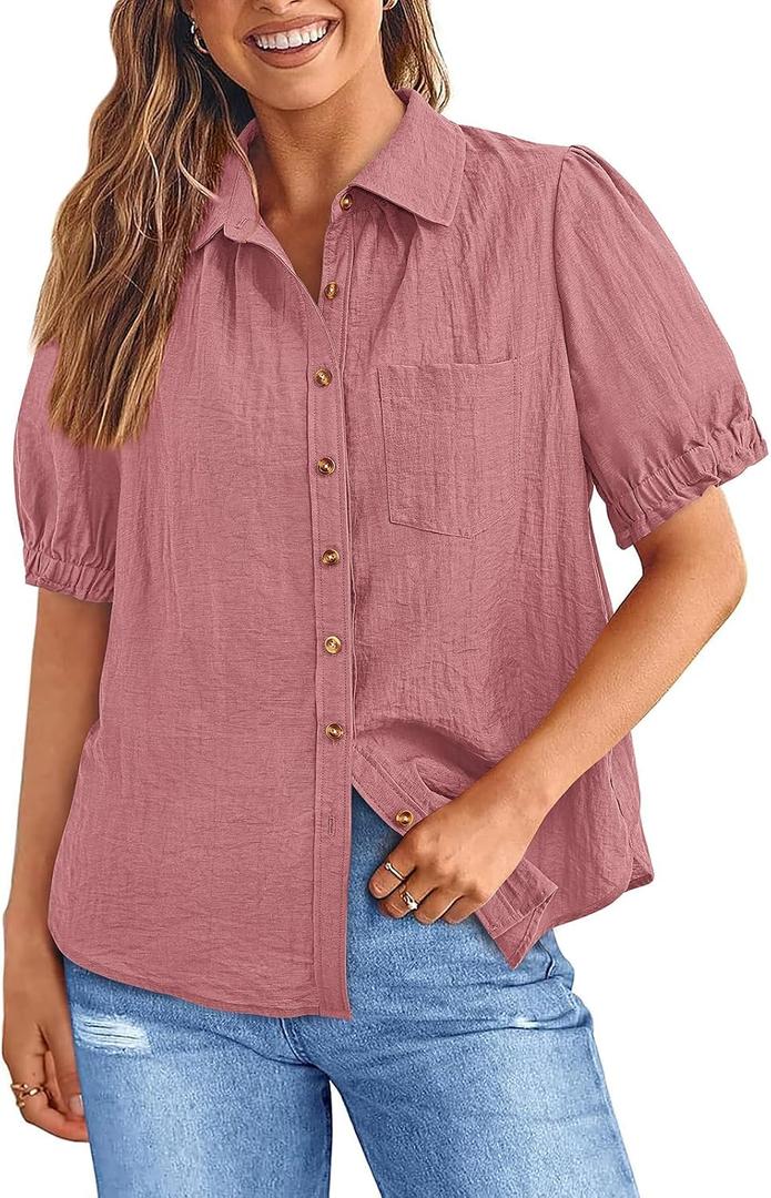 PRETTYGARDEN Womens Summer Short Sleeve Button Down Shirts V Neck Collared Casual Blouse Tops with Pockets