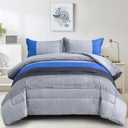WONGS BEDDING Blue Comforter Set Queen, Reversible Blue Grey Striped Patchwork Alternative Comforter for Queen Bed,3 Pieces (1 Comforter+2 Pillowcases), Soft Microfiber Bedding Duvet Set 90"90"