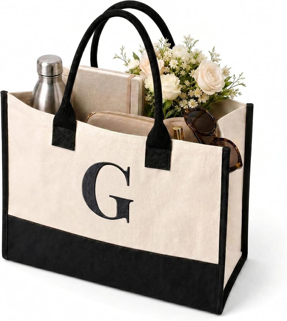 2 x Salt Earth Canvas Tote Bag for Women, Personalized Initial Monogram Tote, Beach Grocery Utility Tote for Travel & Work