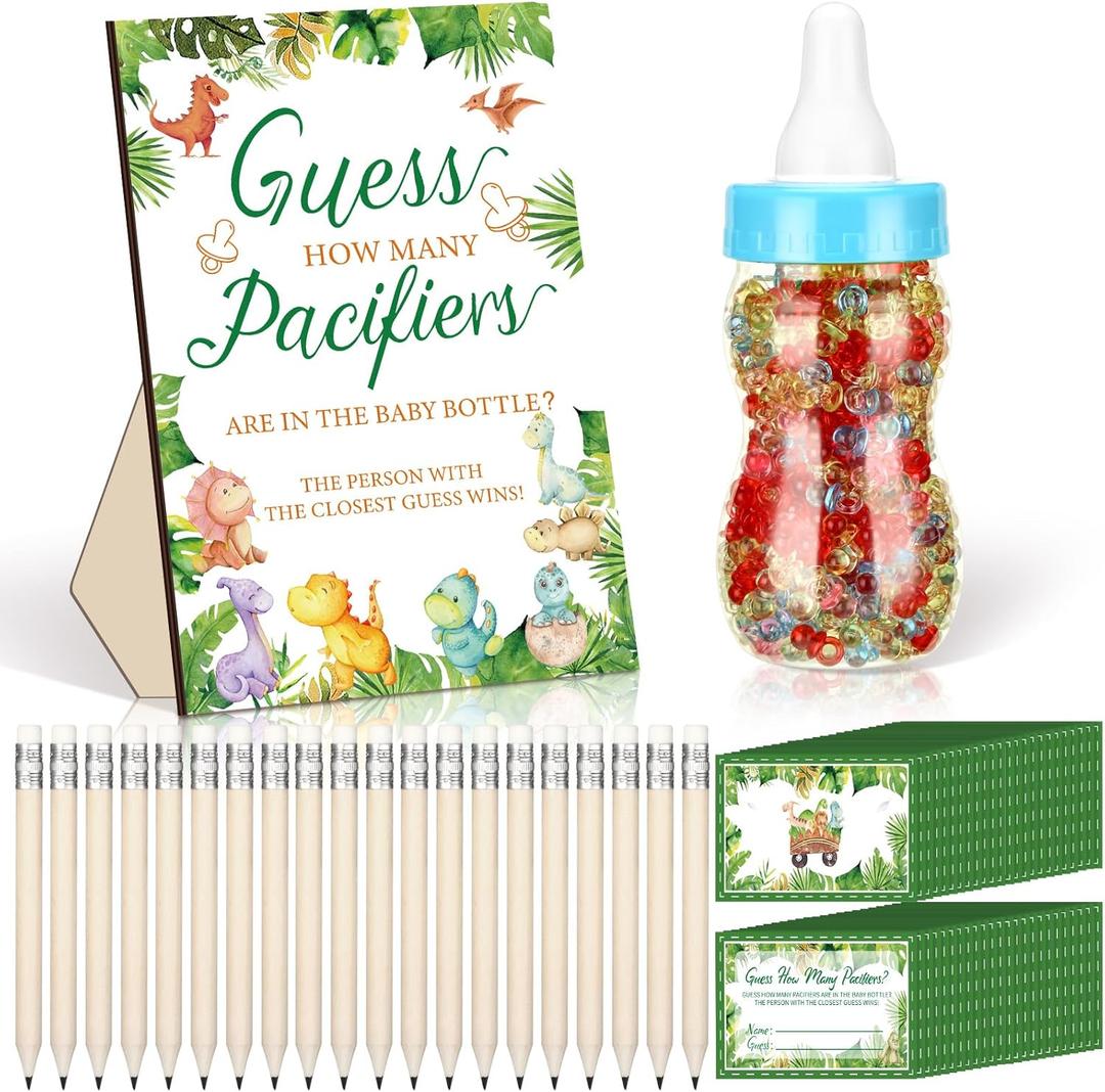 Syhood Dinosaur Baby Shower Game Guess How Many Pacifiers Games Sign 50 Small Guessing 20 HB Pencils 750 ml Milk Bottle 400 Acrylic Pacifiers Decorations Guests Gender Reveal Party Favors