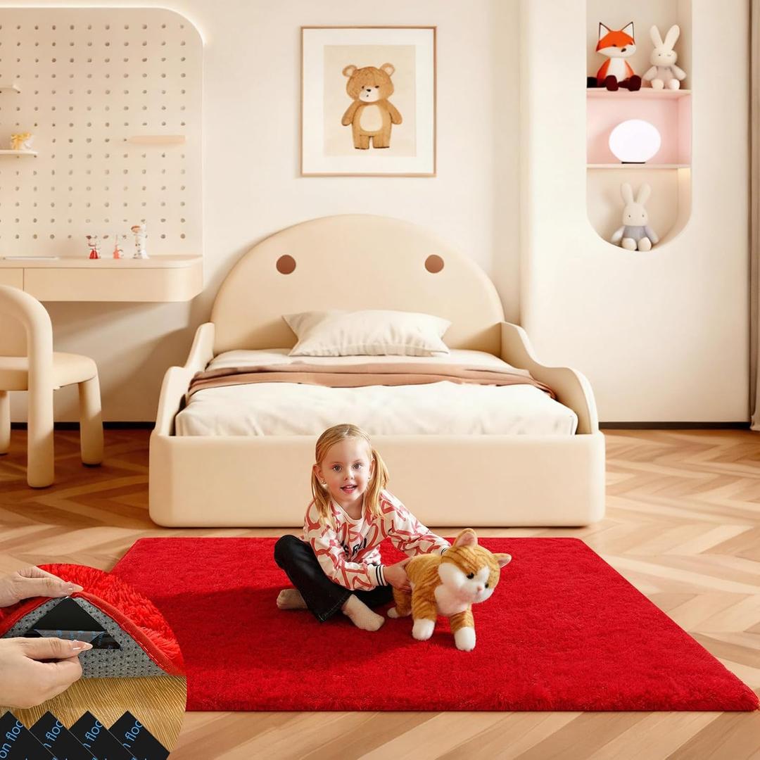 Red Rugs for Bedroom, 4x6 Fluffy Area Rugs for Living Room, Small Fuzzy Shag Soft Carpet with 4 Non-Slip Adhesive Strips for Kids Boys and Girls Nursery Dorm Room Home Decor (4ft X 6ft, Red)