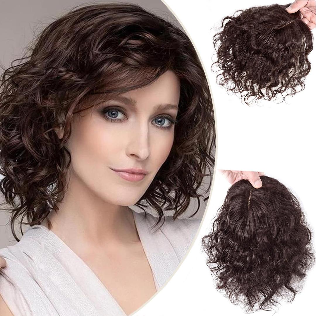 13x14cm U-shaped Silk Base Hair Topper for Women With Thinning Hair - Real Human Hair Piece, Long Curly Wavy Clip-in Hairpiece for Top Thin Loss, 10" Brown Left Side Part