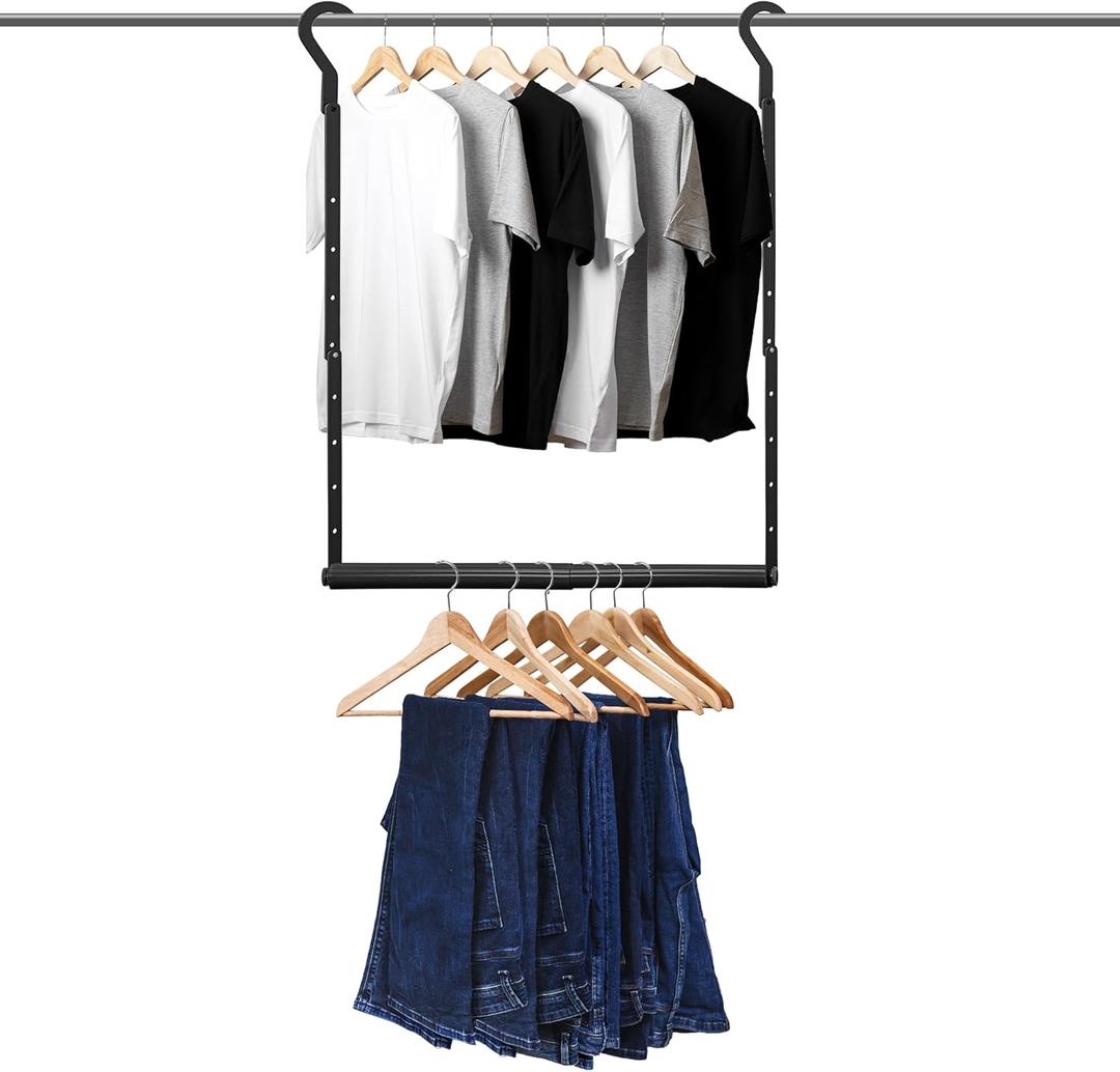 Adjustable Hanging Closet Rod, Heavy Duty Closet Rods for Hanging Clothes, Powder-Coated Black Metal Double Closet Bar, Space-Saving Closet Poles Extender for Clothing Organizer, 1 Pack