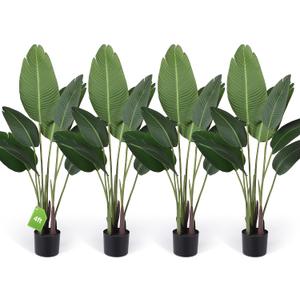Crowye 4 Pack 4Ft Artificial Bird of Paradise Plants Faux Palm Tree with 10 Trunks Banana Leaf Artificial Plant Lifelike Leaves Fake Tree with Plastic Pot for Indoor Outdoor Home Living Room Office