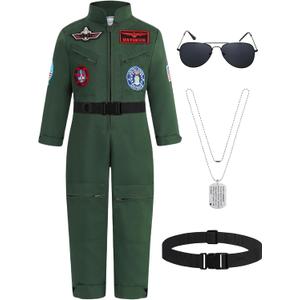 Kids Fighter Pilot Costume, Boys Green Tactical Aviator Suit Air Force Jumpsuit with Accessories Halloween Dress Up (13-14Y)