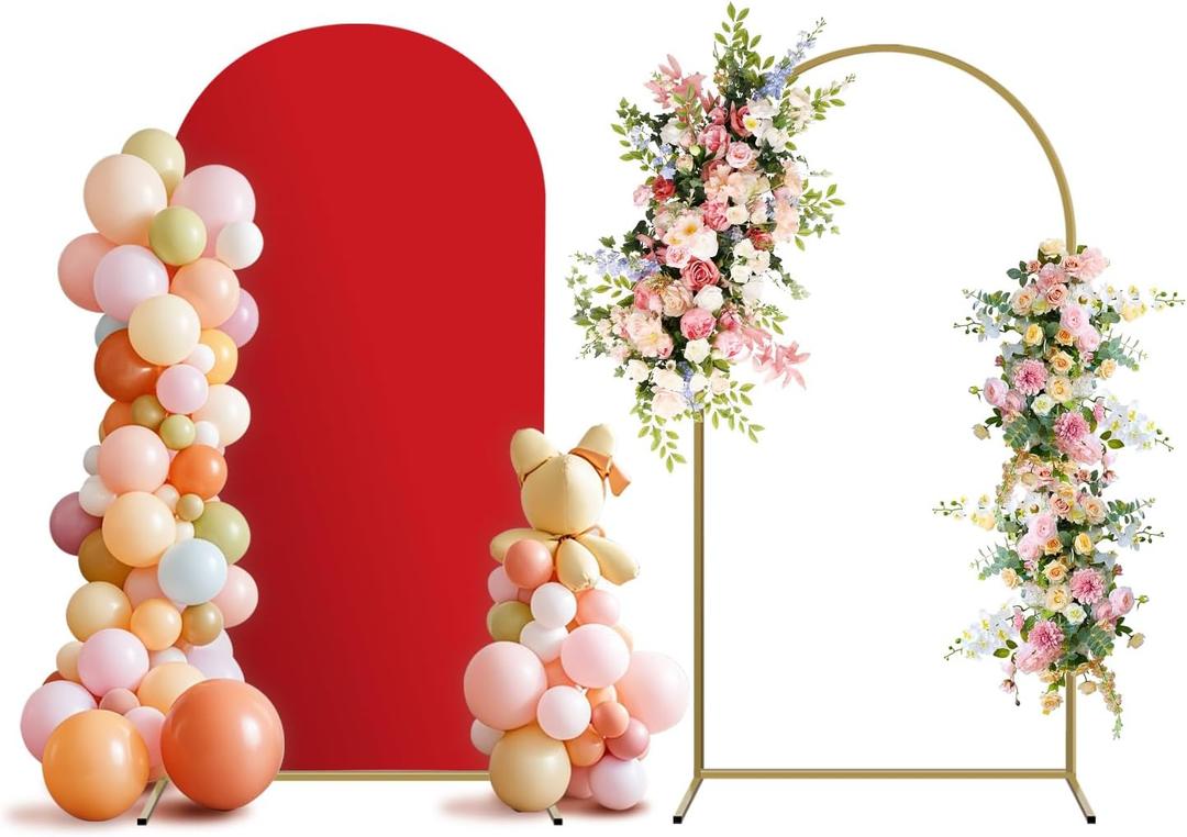 Arch Backdrop Stand and Cover Set, Metal Balloon Arch Backdrop 6.6ft, Gold Arched Stand Frame for Wedding, Parties, Birthday, Backdrop Decorations (Red, 6.6ft)