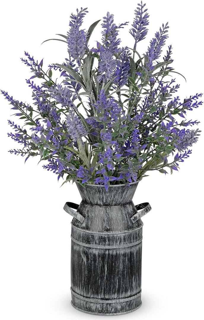 Artificial Lavender Flowers with Rustic Metal Vase 17 Inch Faux Lavender Plant Arrangement in Galvanized Planter Vintage Farmhouse Floral Decor for Home Office Kitchen Decor Wedding Table Centerpiece
