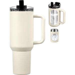 40oz Insulated Tumbler with 2-in-1 Lid and Straw, Bottom Detachable 2-in-1 Tumbler with Handle Stainless Steel Water Bottle Reusable Coffee Tumbler Travel Mug Wide Mouth Thermal Cup (Beige)