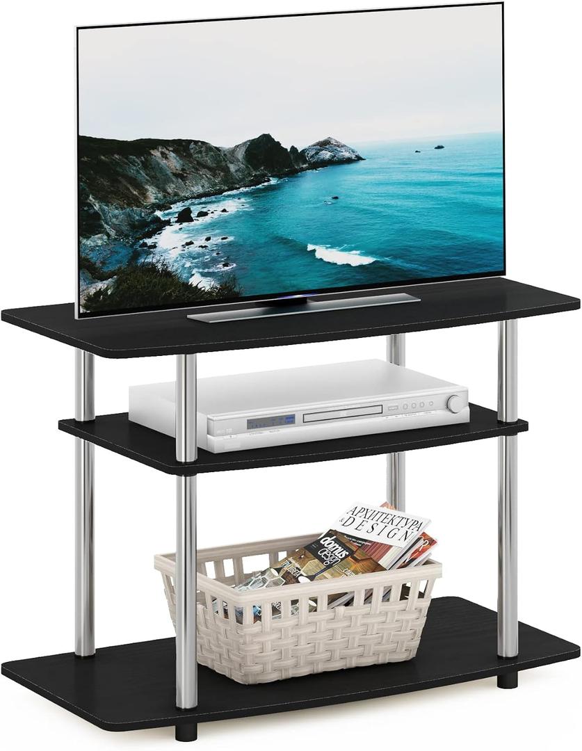 Furinno Turn-N-Tube No Tools 3-Tier Entertainment Center TV Stand for TV up to 32 Inch, Stainless Steel Tubes, Americano/Chrome, 32-Inch Stainless Steel Poles