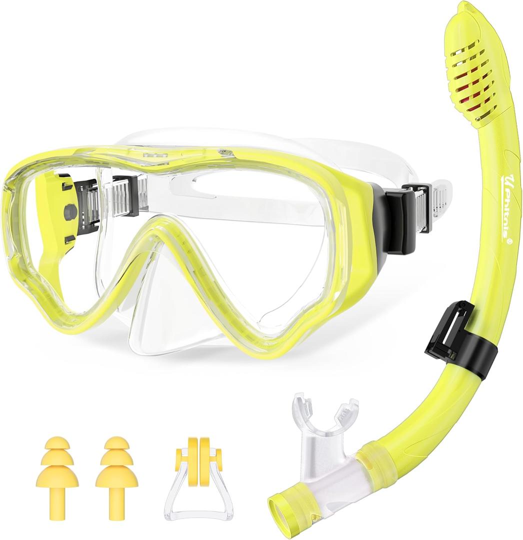 U PHITNIS Kids Snorkel Set for Age 4-14 - Dry Top Snorkeling Gear for Kids Junior & Youth - Childs Diving Mask with Big Eyes for Boys Girls - Anti-Fog Snorkeling Mask and Snorkel Set (Yellow)