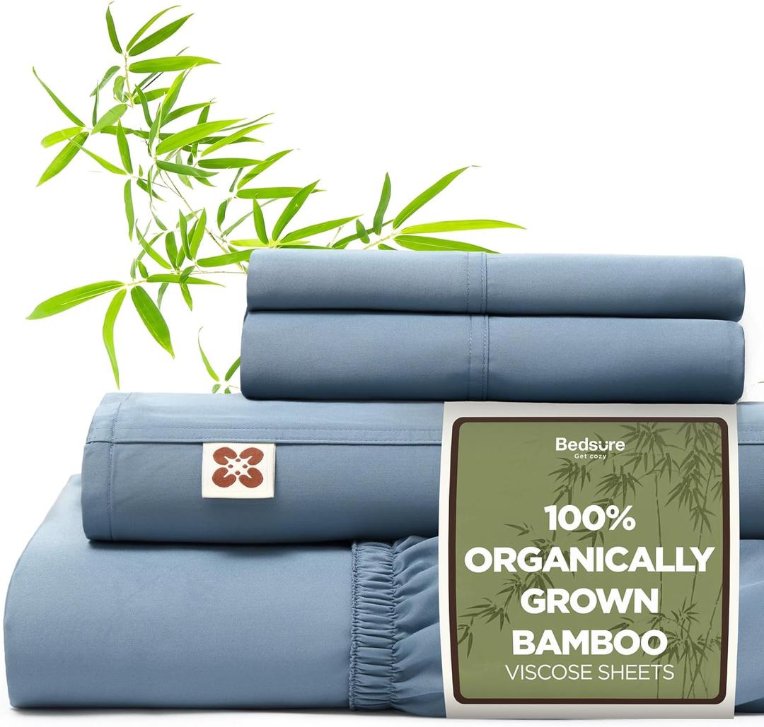 Bedsure 100% Organically Grown Bamboo Viscose Sheets - 18 Inches Deep Pocket Sheets with Elastic Corner, King Size Sheets Set, Ultra-Soft, Silky & Cooling Bedsheets, Oeko-Tex, 4 Pieces, Mineral Blue