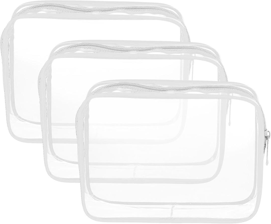HARFINGTON 3pcs Clear Toiletry Bag Quart Size TSA Approved PVC Makeup Cosmetic Bag for Women Travel Transparent Organizer Airport Airline Compliant, White