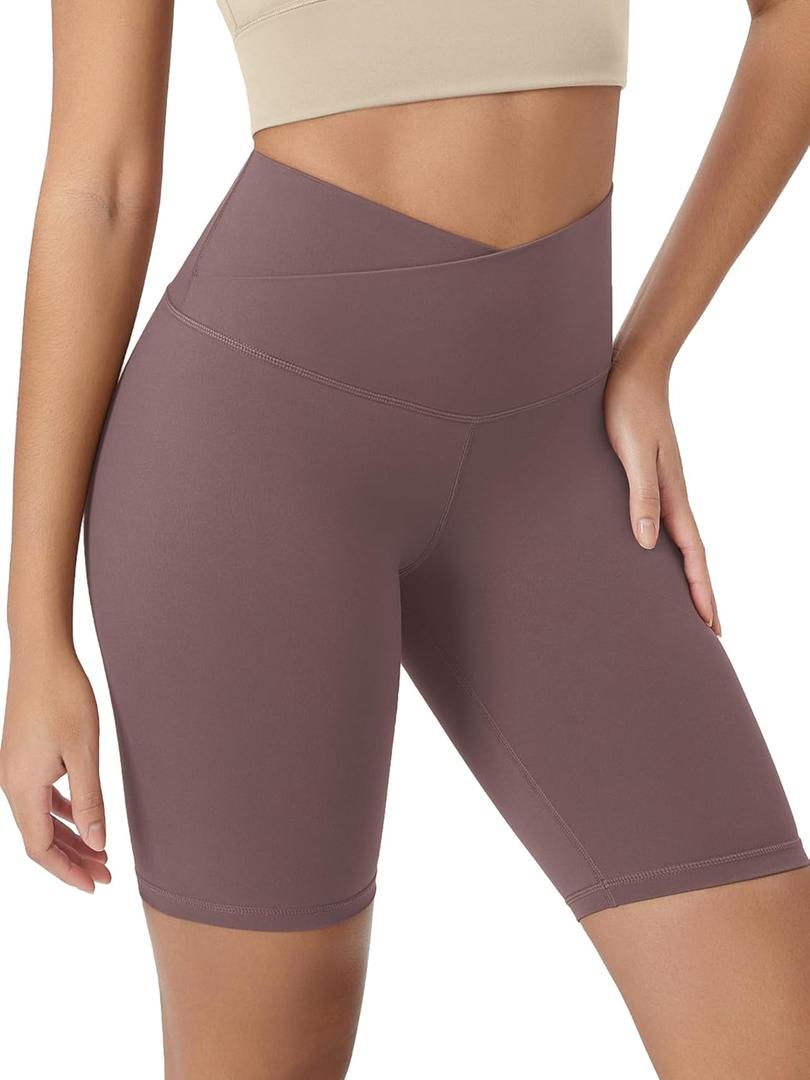 ODODOS Women's Crossover Yoga Shorts with Back Pocket, 8" Buttery Soft V High Waist Lounge Biker Shorts, Purple Taupe, Large (L)