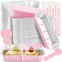 Mini Loaf Pans with Lids and Spoons Rectangular Aluminum Foil Baking Pans Mini Cheesecake Containers 6.8oz(60 Pack, Pink)
