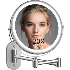 Rechargeable Wall Mounted Lighted Makeup Vanity Mirror 8 inch 1X/20X Magnifying Bathroom Mirror with 3 Color Lights, Double Sided with Dimmable LED Lights, Extended Arm 360 Swivel Extension Mirror