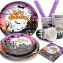 2 x Halloween Paper Plates, Halloween Party Plates and Cups With Straws, Disposable Tableware Party Supplies, Serve for 25 Guests, Spooky Pumpkin Bat Castle, 125 PCS