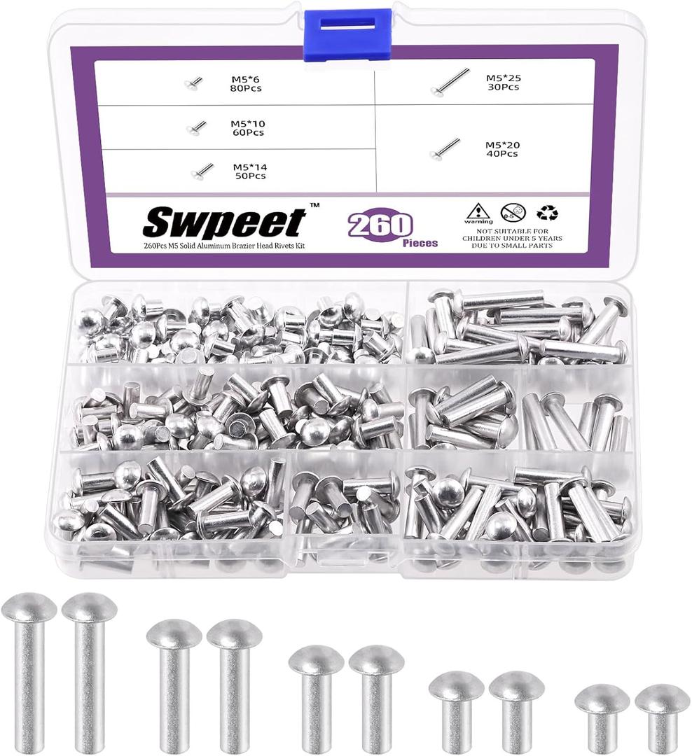 Swpeet 260Pcs M5  6mm 10mm 14mm 20mm 25mm Solid Aluminum Brazier Head Rivets, Aluminum Rivet, Plain Finish, Universal Head, High Corrosion Resistance for Repairing Boats, Aircraft, Making Armor
