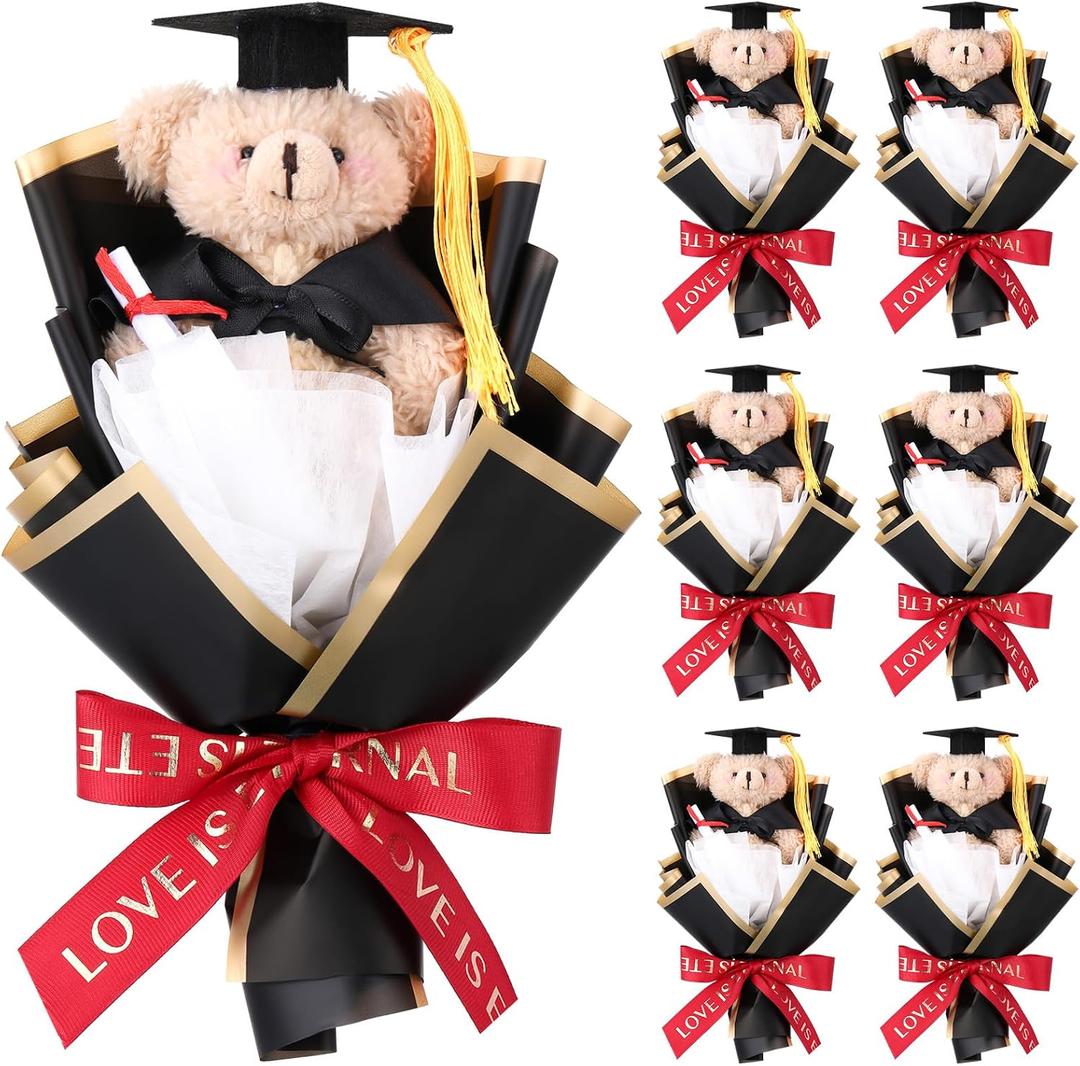 Briwooody 6 Pcs 2026 Graduation Flower Bouquet Gift Bulk Cute Graduation Plush Bear Bouquets Class of 2026 Grad Party Favors Supplies(Black,Bear)