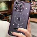 Cute for iPhone 14 Pro Max Magnetic Glitter Case,Luxury Bling Rhinestone Diamond Plated Bumper Case,Compatible with MagSafe, Sparkle Camera Lens Protection Clear Cover for Women Girls(Purple)