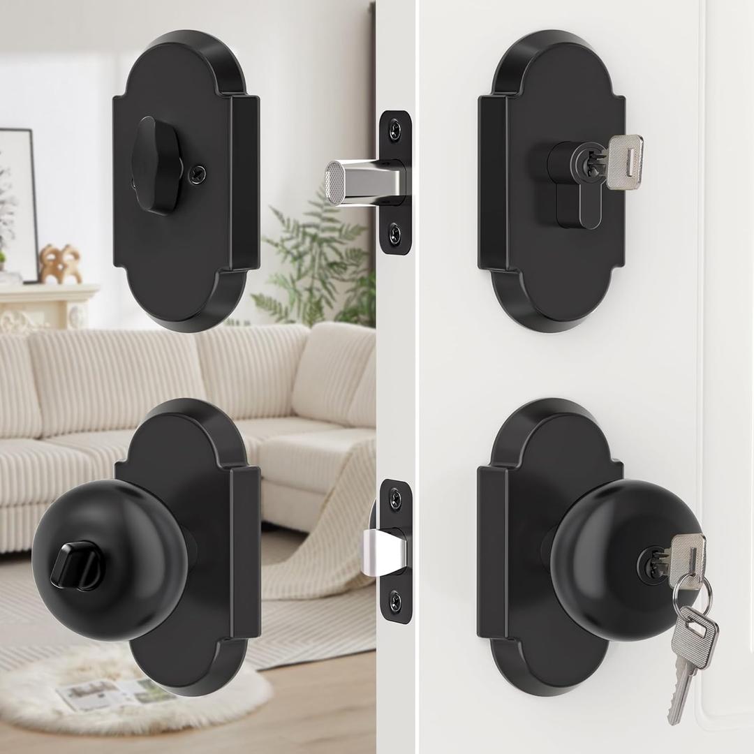 Matte Black Exterior Door Knob and Deadbolt Set, Keyed Alike Entry Door Knobs with Key Lock and Deadbolt for Entrance and Front Door