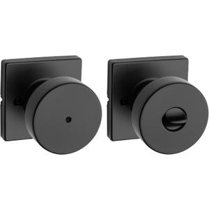 Kwikset Pismo Interior Privacy Door Knob with Lock, Door Handle For Bathroom and Bedroom, Matte Black Keyless Turn Lock Doorknob, with Microban Protection, Square Rose