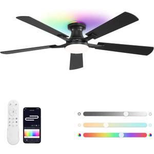 ZMISHIBO 52 Inch Ceiling Fans with RGB Lights, Low Profile Flush Mount Ceiling Fan with App&Remote Control, Dimmable 20W LED Light, Black Modern Fan for Living Room, Bedroom, Game Room