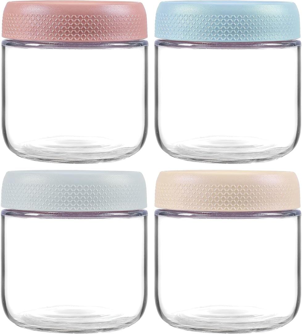 4 Pack Glass Clear Storage Canister with Airtight Lid, 12oz Overnight Oats Containers, Small Cute Decorative Pantry Jar for Snacks, Yogurt, Cereal, Fruit, Salad, Spice, Sugar, Coffee, Tea