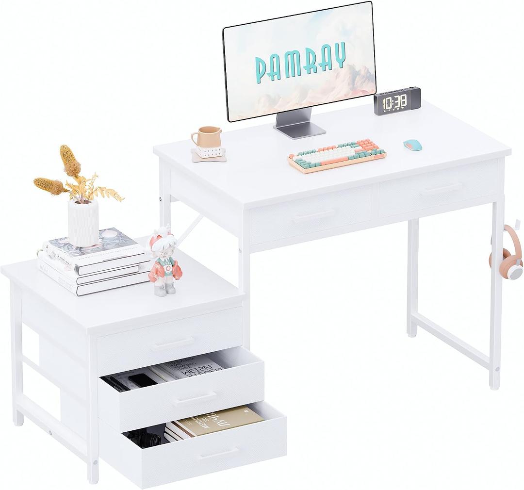 Pamray 47 inch Small Computer Desk with 5 Drawers for Study Writing
