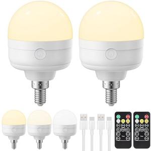 LGMCF Rechargeable Light Bulbs with Remote Control Timer and 3 Color Temperature Options,Battery Operated Light Bulbs Puck Lights with Remote (E12, 2)
