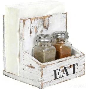 MyGift Napkin Holder for Table, Wood Napkin Holder with Salt and Pepper Shakers Set, Condiment Caddy with Bold Black Printed EAT Design, Standing Paper Napkin Storage for Kitchen Dining Table Decor (Whitewashed)