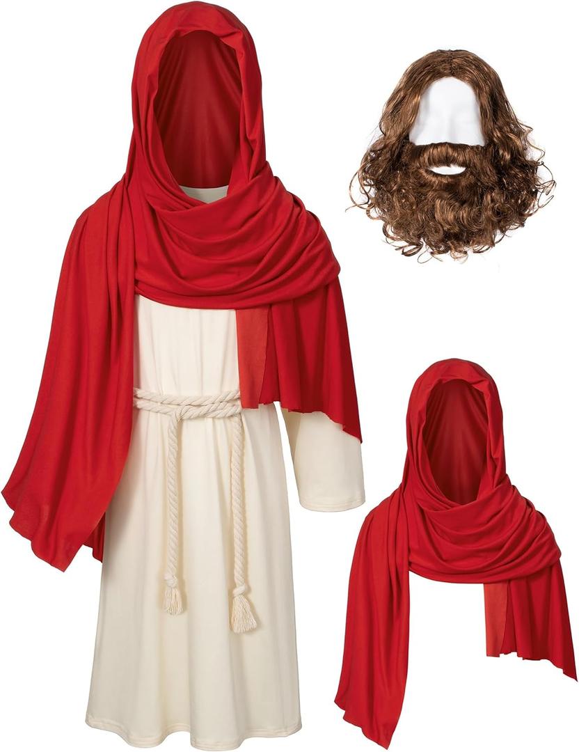 Irtysh Kids Jesus Saint Religious Biblical Robe Fancy Dress Costume Wig Moustache Scarf Shawl Waist Rope set (8-9 Years)