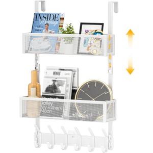 LUCYCAZ Adjustable Over The Door Hooks Organizer, Hanger Storage with 10 Coat Hooks & 2 Mesh Basket, Over The Door Towel Rack Organizer for Bathroom, Bedroom, Kitchen (White)