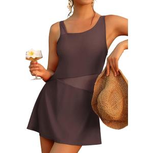Aleumdr Women's One Piece Swim Dress Tummy Control Swimsuits Modest Full Coverage Mesh Bathing Suits with Skirt (Large, Dark Brown)