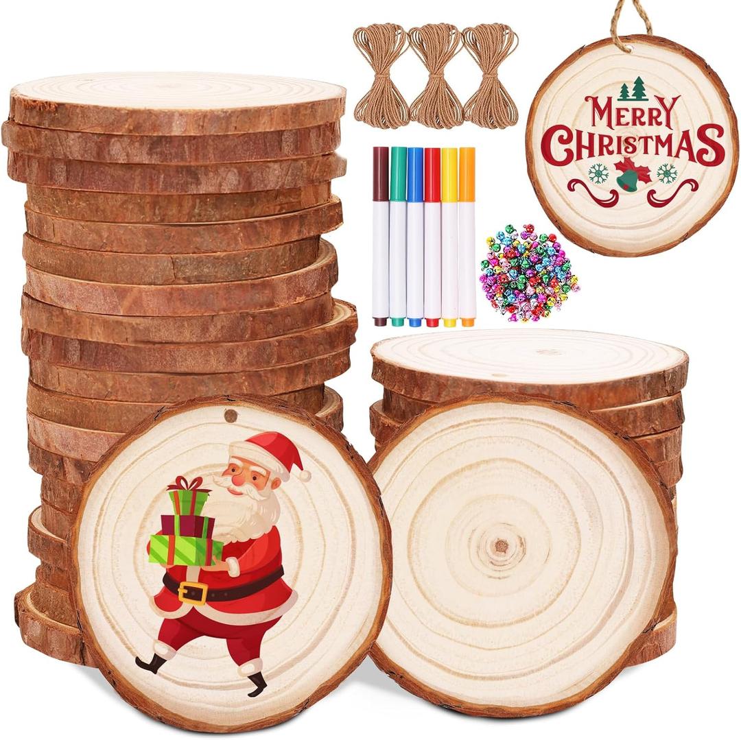 Max Fun Natural Wood Slices 30PCS 3.1-3.5'' Crafts DIY Wooden Christmas Ornaments Unfinished Predrilled Round Wood Circles for Arts and Crafts Centerpieces Holiday Hanging Decorations
