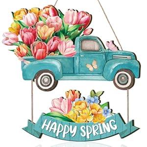 Barydat Spring Door Sign Tulip Gnome Wreath for Front Door Wreath Truck Gnome Welcome Hanger Wooded Hanging Wall Sign for Home Summer(Truck)