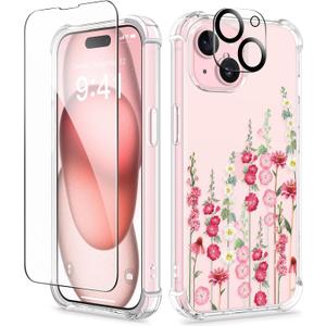 GVIEWIN for iPhone 15 Plus Case Floral, with Screen Protector&Camera Lens Protector,[Non Yellowing] Soft Shockproof Clear Phone Protective Cover for Women, Flower Pattern Design 6.7" (Alcea/Red)