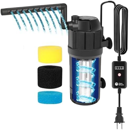 AquaMiracle Aquarium Filter for Green Water, U - V Fish Tank Filter with Timer (4/8/12/24 Hrs), Dual Mode (Aeration/Rainfall) Fish Filter for 10-40 Gallon Tanks, Flow Rate and Direction Adjustable