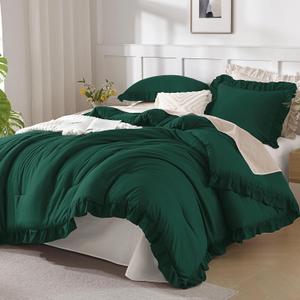 Andency Dark Emerald Green Comforter Set Full, 3 Pieces Ruffle Bedding Set, Vintage Farmhouse Comforter Set, Ruffled Bed Comforter, Lightweight and Soft Bedding Comforter for All Seasons (Full (79"x90"))