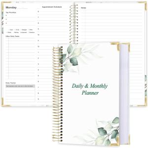 Undated Daily Monthly Planner for 2026 or Anytime - A5 To Do List with Hourly Schedule, Hardcover Spiral Bound Daily Planner to Increase Focus, Stylish School/Office Supplies, 5.8" x 8.5", Green Leaf