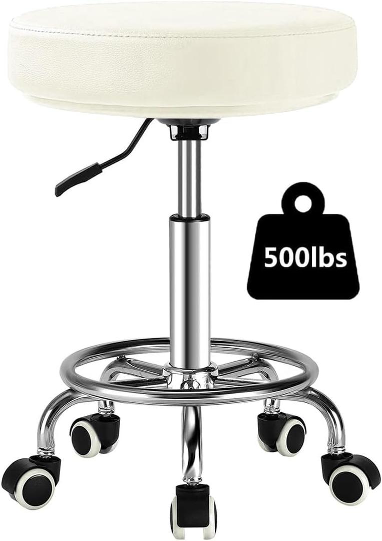 Adjustable Rolling Stool with Wheels Heavy Duty 500lb Round RollingStool with Footrest, Patent Leather Drafting Stool Chair with Wheels Work Spa Salon Seat,White, No Backrest